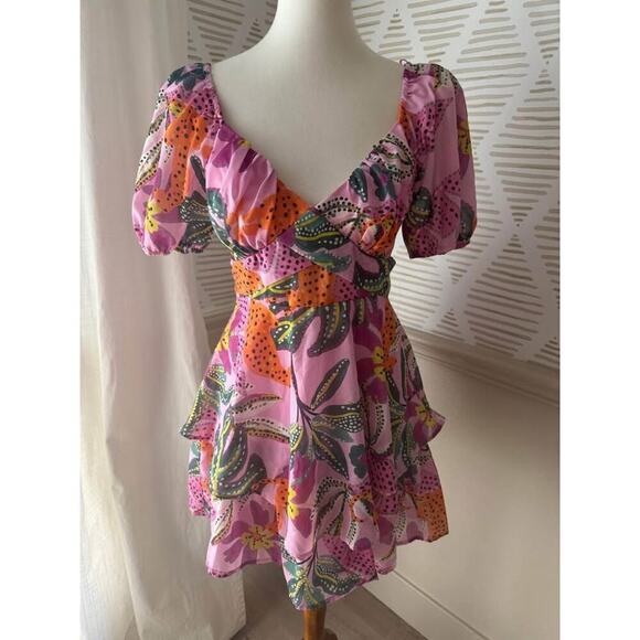 Crystal Sky Women’s Medium Tropical Print Puff Sleeve Tie Back Mini Dress - Picture 2 of 6